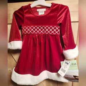 Bonnie Baby Christmas Red Toddler Dress with White Trim